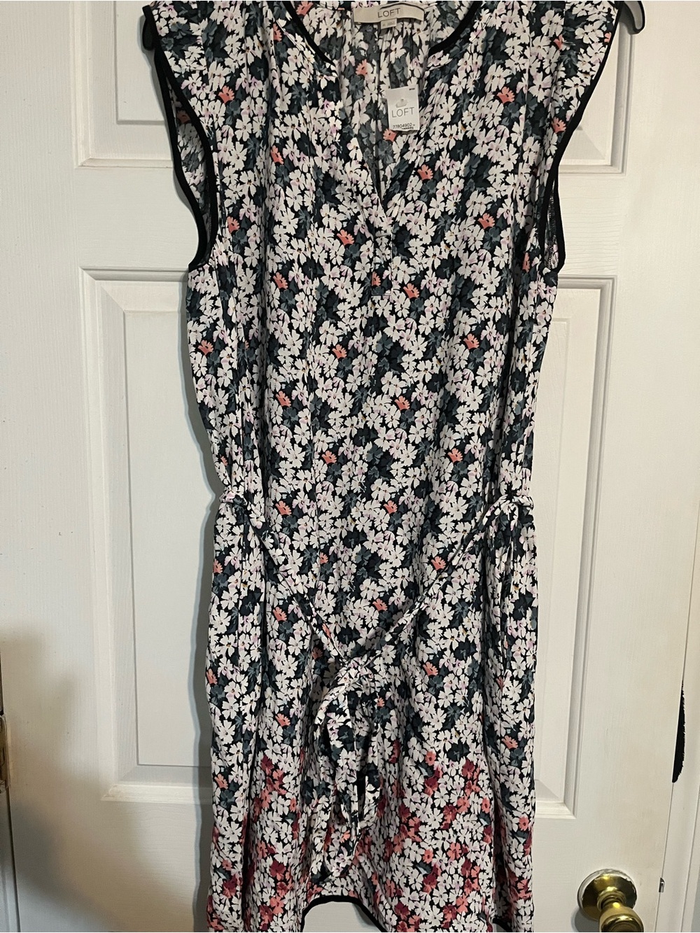 LOFT Floral V-Neck Tie-Waist Dress with Pink Green & White Accents; Has pockets